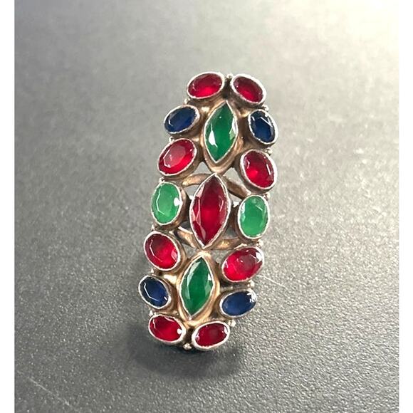 Multi Gemstone Long Finger Ring: 925 Sterling Silver Jewelry - Picture 1 of 7